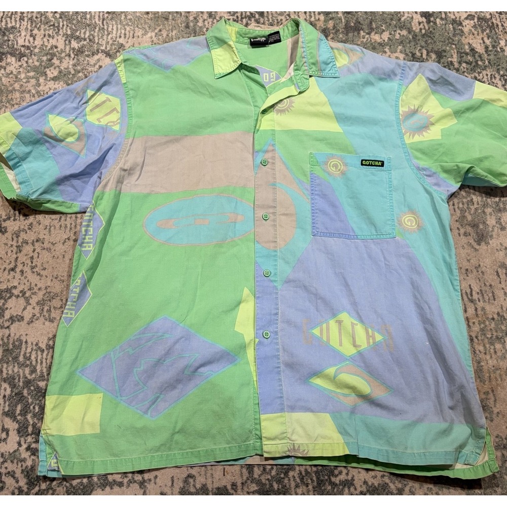 Vintage 90s Gotcha Shirt Mens Short Sleeve Button Up Geometric Surf